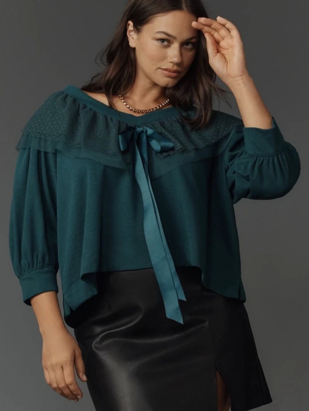 Maeve Teal Ruffled Yoke Ribbon-Tie Blouse